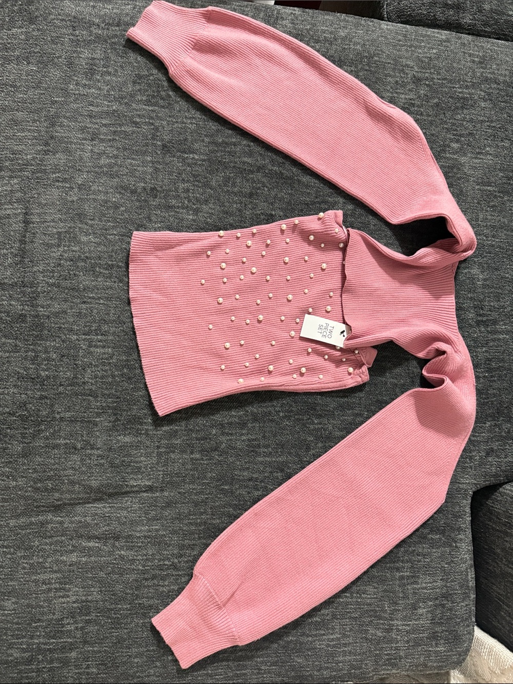 meraki Pink Pearl-Studded Off-Shoulder Ribbed Sweater